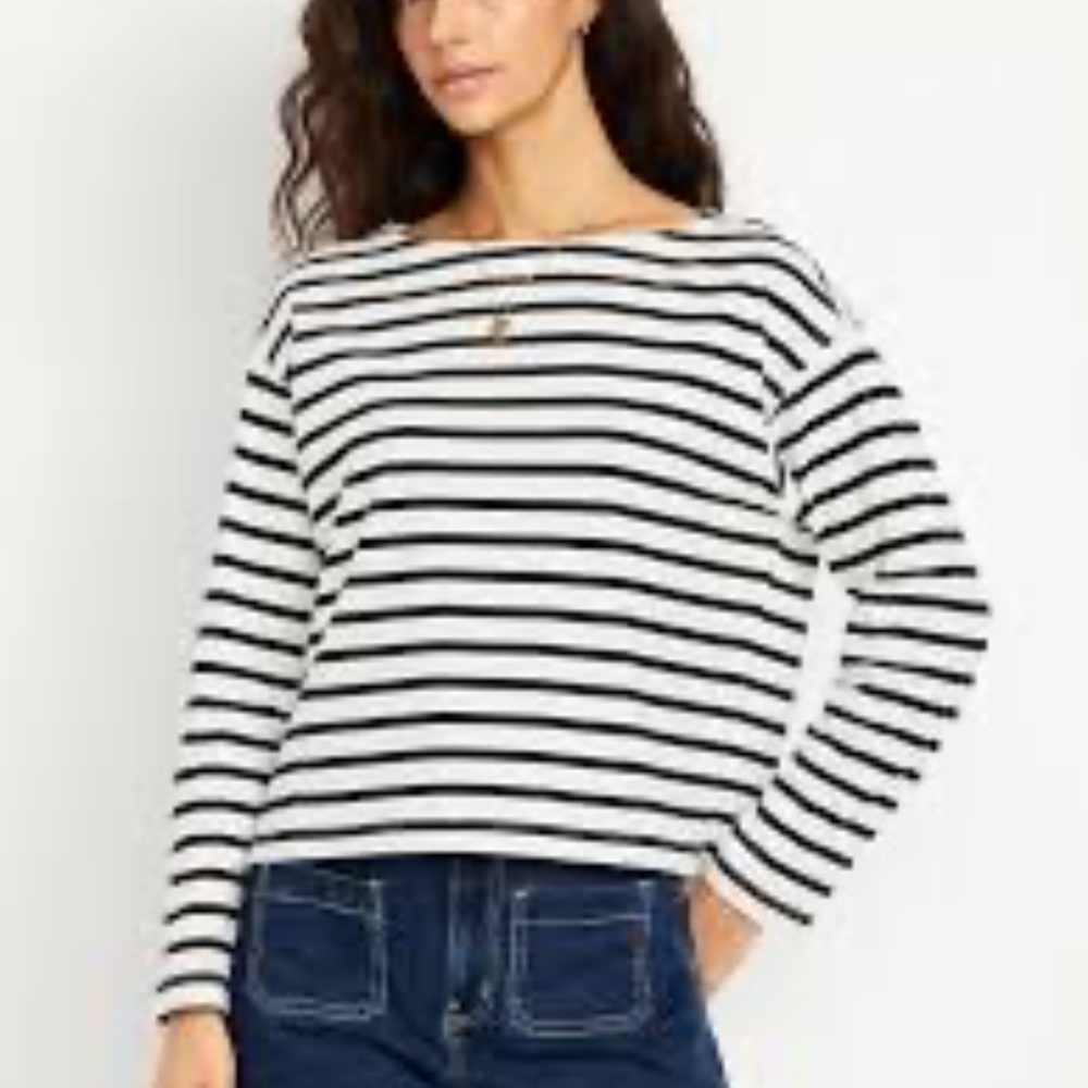 Madewell Black/Creme Striped Crew‎ Neck 3/4 Sleeve 100% Cotton Cropped Top (XS)